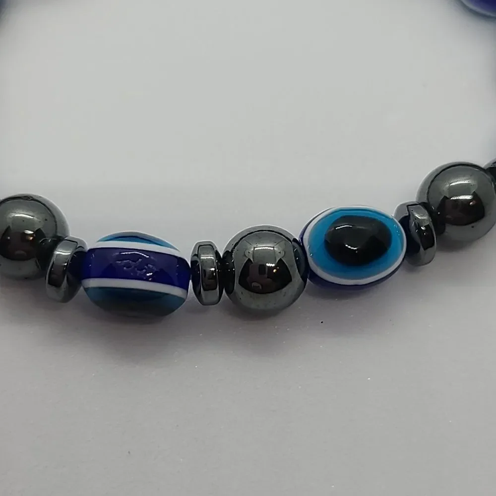 Hematite Evil Eye Blue Beaded Bracelet | Protective Stretch Charm Jewelry NWT